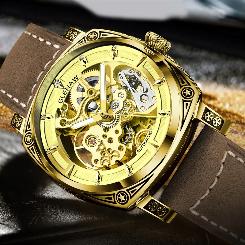 GLENAW New Top Luxury Brand Male Wristwatch Gold Luminous Automatic Mechanical Watch Waterproof Hollow Out Original Men\'s Watch