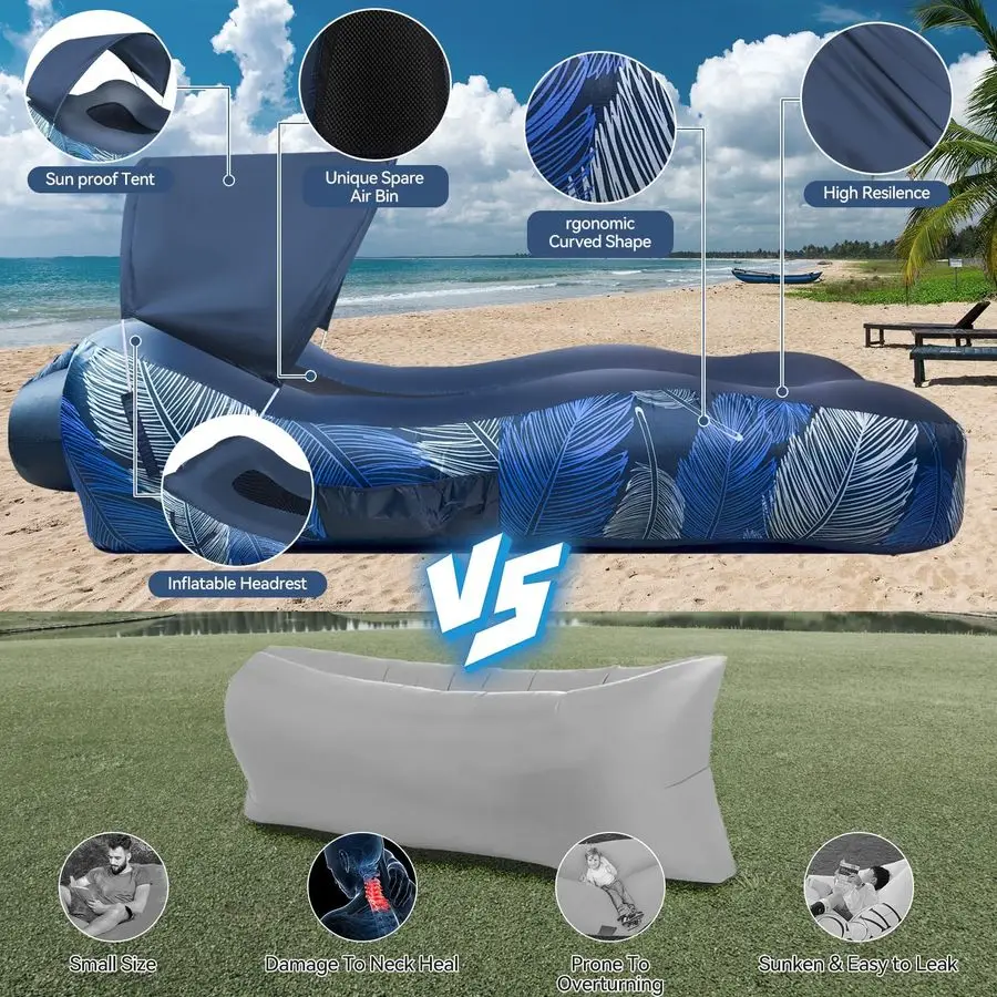 Lounger Air Sofa with Sun Shade Cover Waterproof Inflatable Couch Chair for Camping Beach Hiking Backyard, Easy to Set Up Inflat
