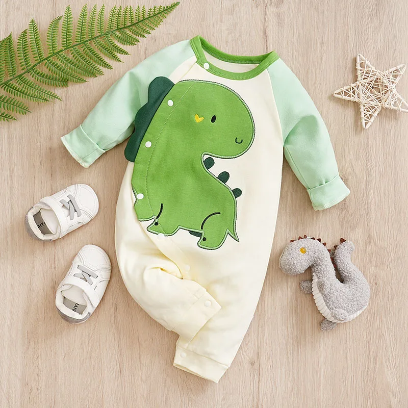 Spring And Autumn Boys And Girls Cartoon Dinosaur Embroidery 3d Shape Cotton Long Sleeve Baby Clothing Bodysuit