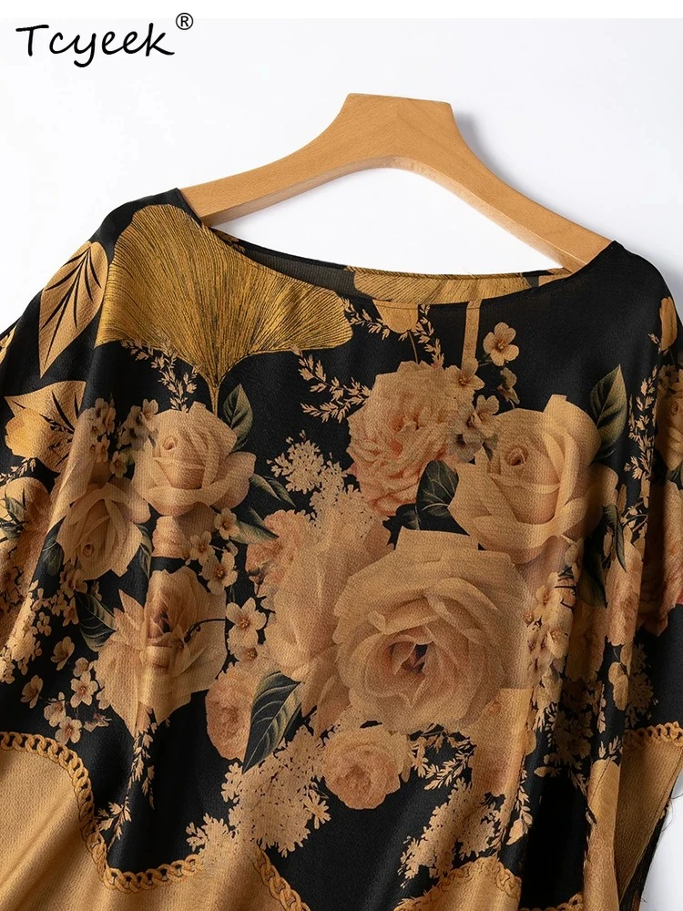 Tcyeek 100% Real Silk Tops for Women 2026 Summer Vintage Golden Print Loose Batwing Sleeve Shirt Clothes for Woman Tops De Mujer