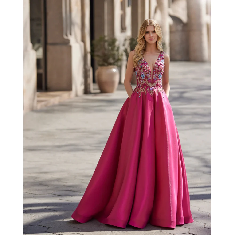 Exquisite Evening Dress Customized V-Neck A-Line Floor Length Fuchsia Prom Gown Satin Appliques with Pocket Evening Gown