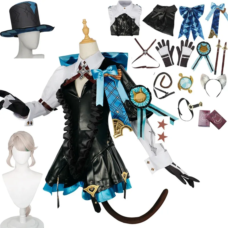 ❤ Costume de Cosplay Genshin Impact Lynette, perruque Fontaine Lyney, uniforme en cuir, robe oreilles, jupe, gant, tenue queue Magici, en stock ★ ❤ ★