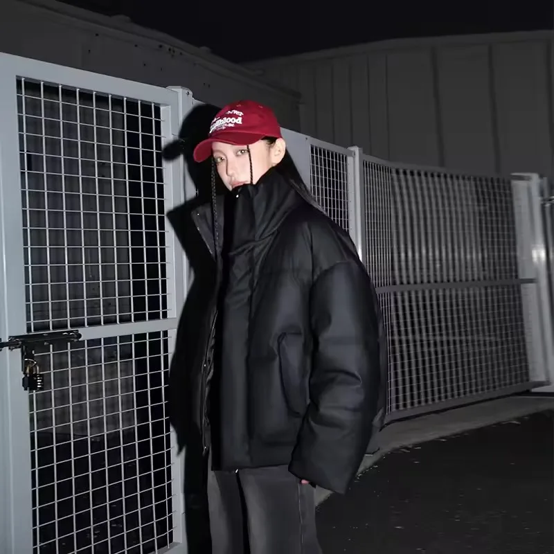 American Hip Hop Stand Collar Cotton  Padded Jacket Women Winter Zipper Stand-up Collar Parkas Chic Pocket Quilted Bread Coat