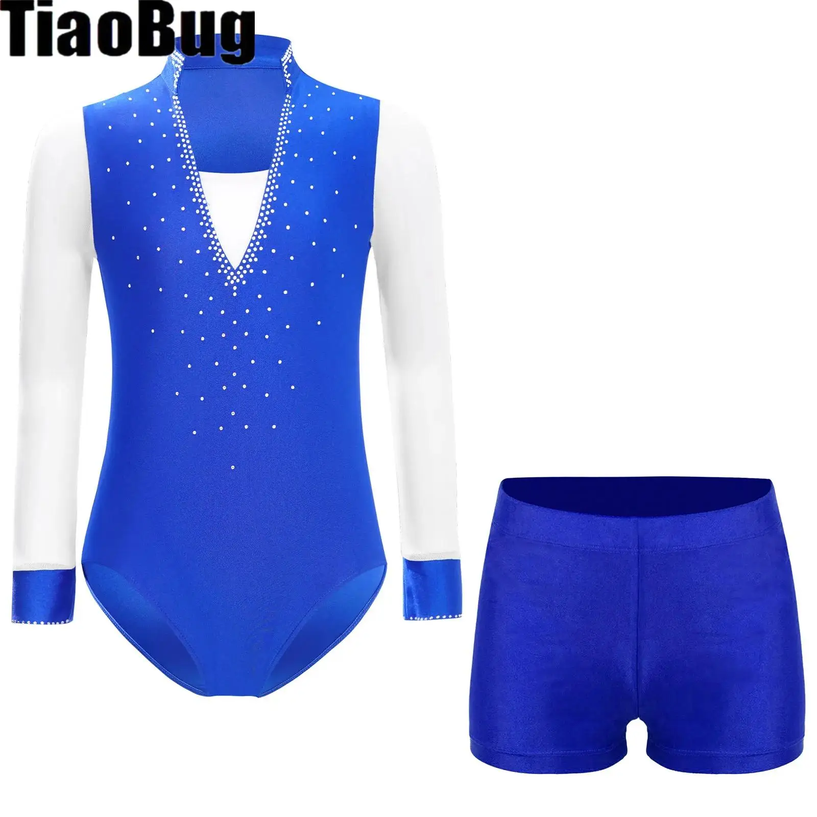 

Boys Figure Skating Costume Long Sleeve Rhinestones Sheer Mesh Leotard with Shorts Set for Ballroom Latin Performance Dancewear