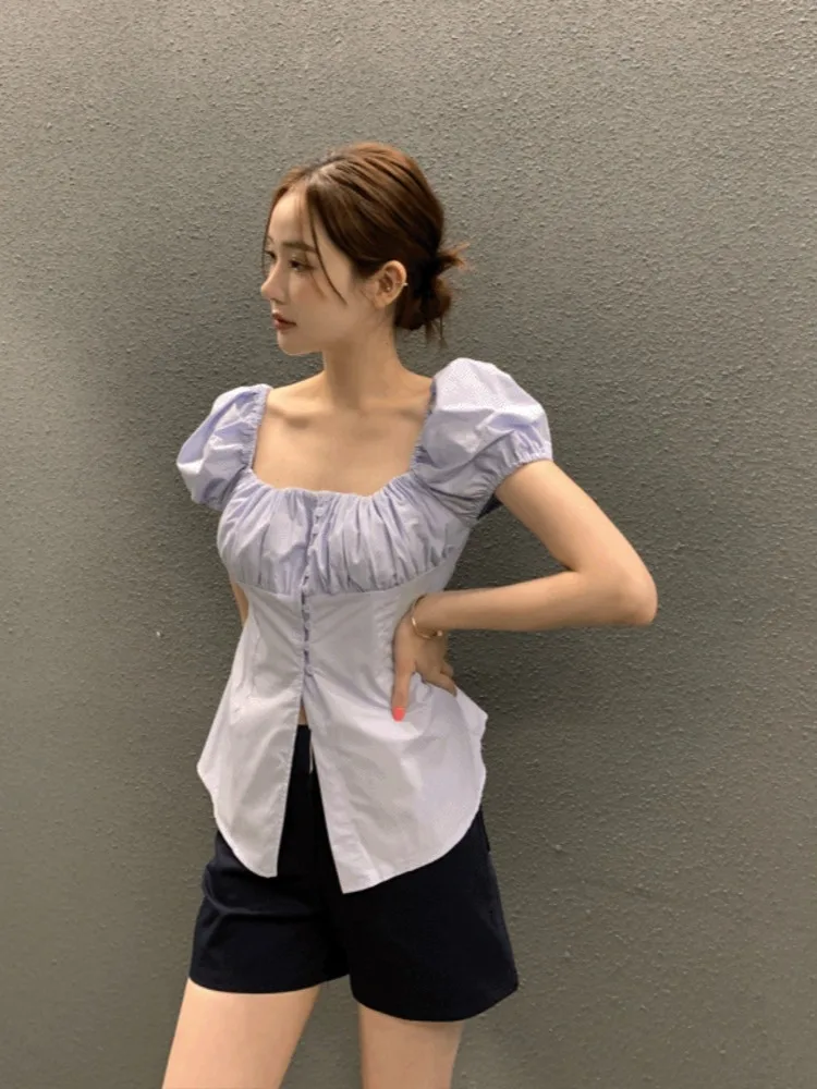 

Slim Fit Single Button Bubble Sve irt Square Collar Ba Strap Women's Sweet Sle Cotton ort Sve Pure Color irt