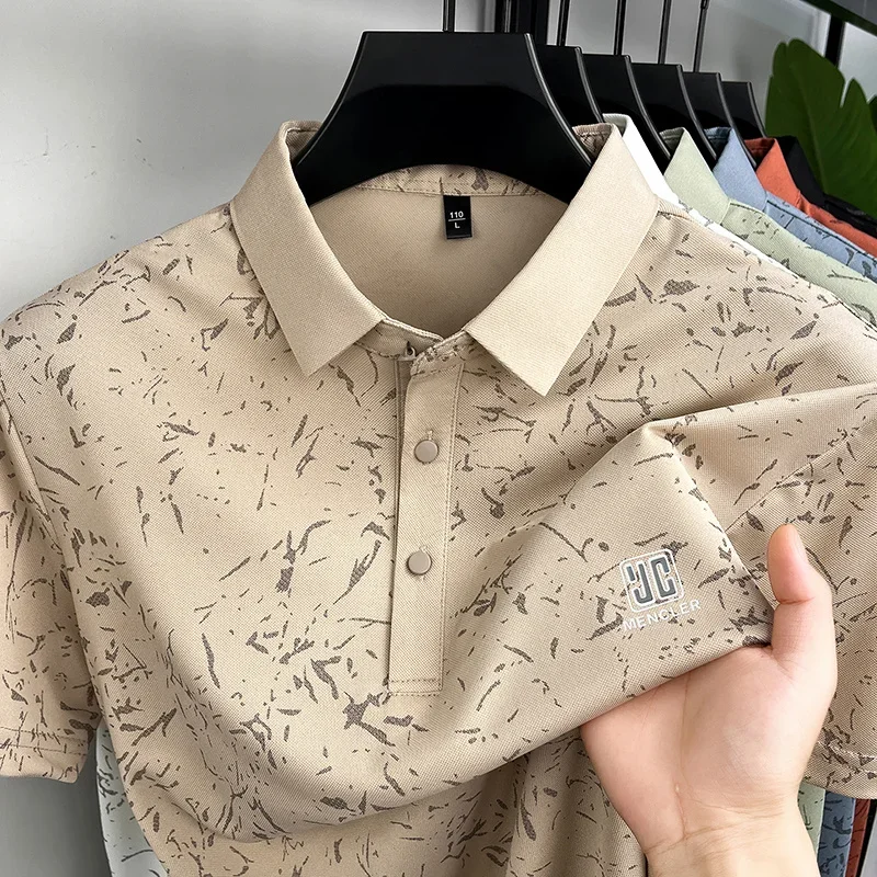 Mens Fragment Print Small Logo Short Sleeve Polo Shirts Casual Business Tops Breathable Wrinkle Resistant Summer Wear