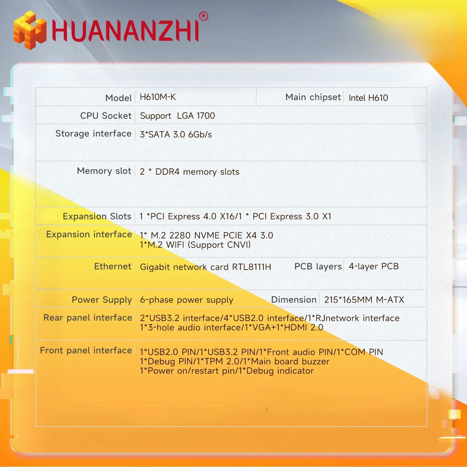 HUANANZHI H610M K MATX DDR4 Motherboard Support12 13 14 Gen H610 Intel LGA 1700 CPU 12100F 12400F 12490F 12600F 12700F 13600F - view 2