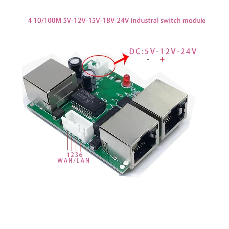 มินิ PCBA 4 พอร์ต Networkmini โมดูลสวิตช์อีเธอร์เน็ต 10/100Mbps 5V 12V 15V 18V 24V