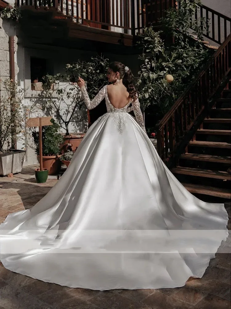 Flavinke ที่กําหนดเองซาตินแขนยาวชุดบอลชุดแต่งงาน Vintage Sweep Train ลูกปัด Appliques ลูกไม้ Scoop ชุดเจ้าสาว