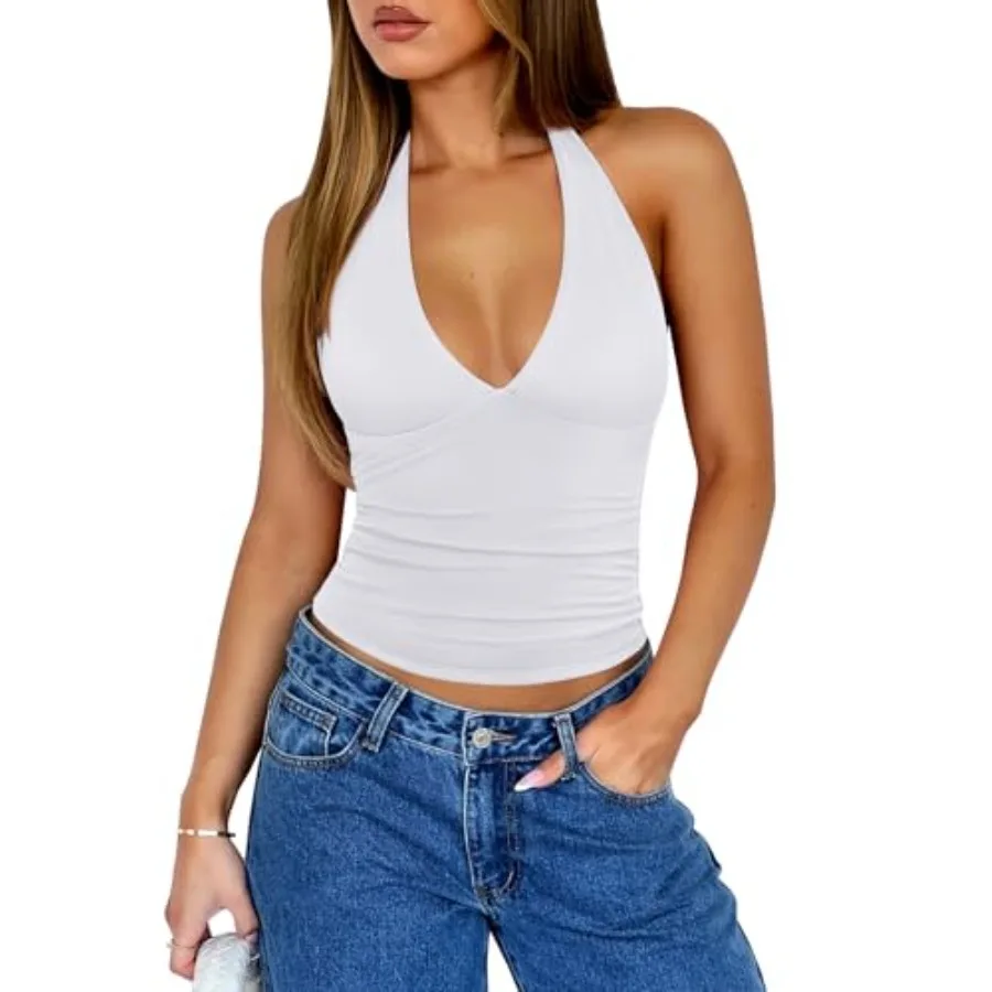 

REORIA Womens Halter Tank Tops Double Lined Basic Cami Shirts Sexy Backl Y2K Trendy Going Out Tops