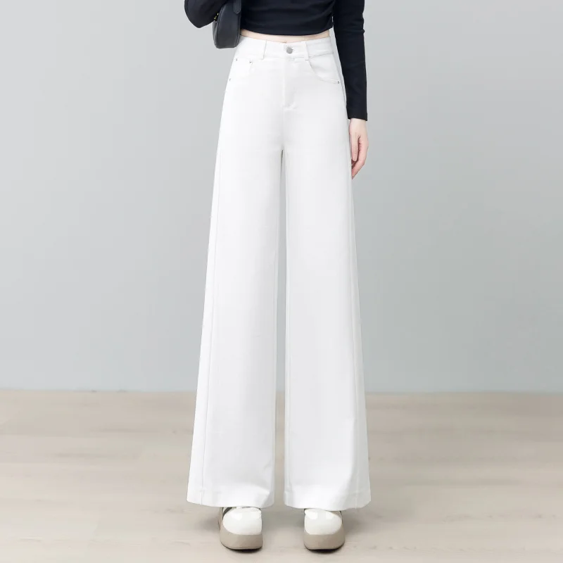 جينز أزرق ضيق مستقيم الساق من قماش الدنيم بنطال ذو قصة أرجل واسعة للنساء للربيع والخريف للتخسيس عالي الخصر ثنيات فضفاضة أزرق داكن طويل