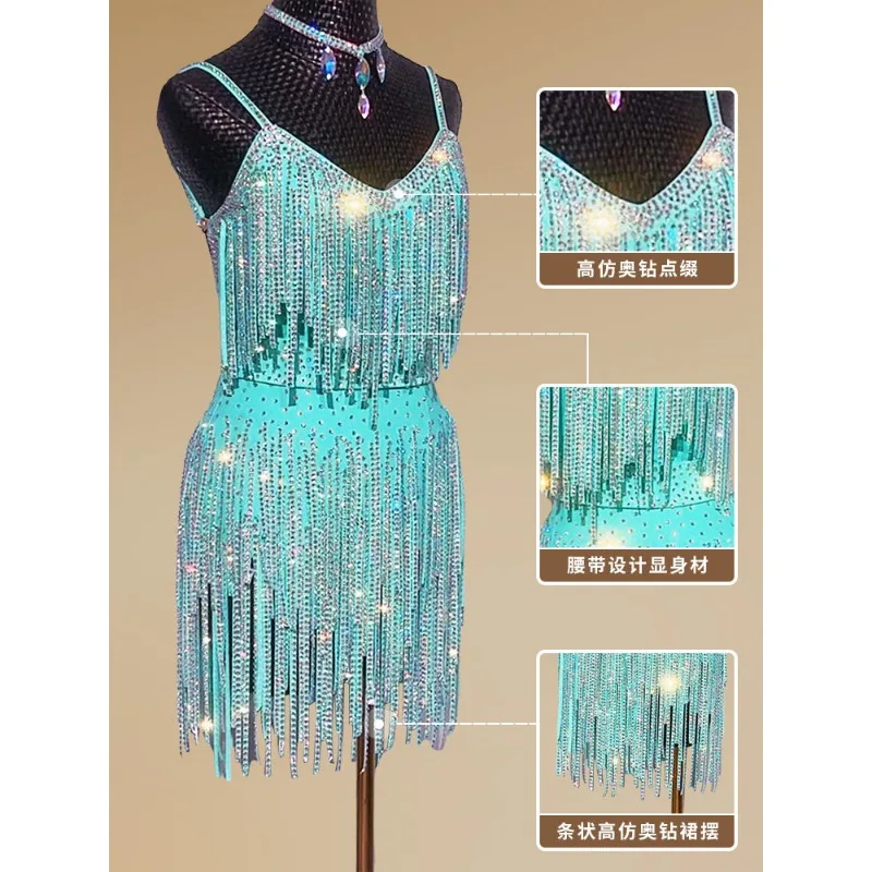 Latin Dance Clothing Less Children's Fringed Slim Suspender Performance Clothing Girls Adult with Diamonds Art Test Clothing