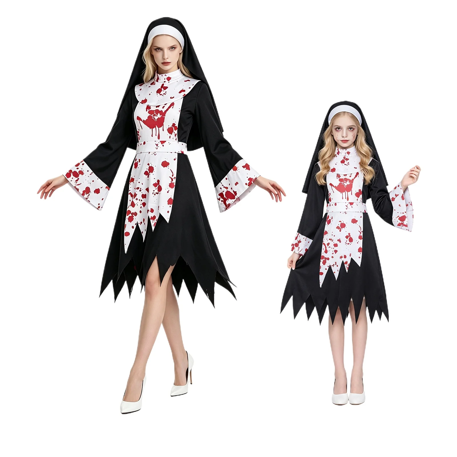Disfraz de Monja Oscura Aterradora de Halloween para Mujeres y Niñas, Conjunto de Vestido de Monja Sangrienta, Disfraz de Monja Zombi para Fiesta de Carnaval y Actuaciones Teatrales