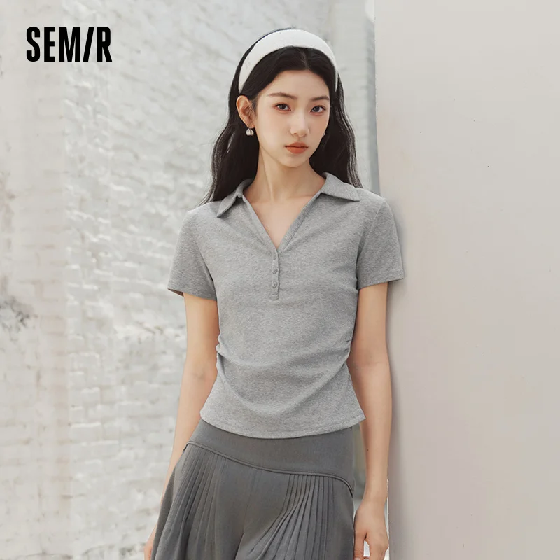 Semir Women Polo Shirt Short Length Ruched Slim Fit Standard Shoulder Cool Feeling 2026 Summer Temperament Versatile Fashion Top