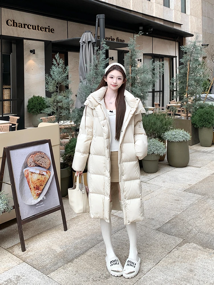 

Bigking Long Hooded down Jaet Women's Warmth Cold Resistant Thiened Blanket Bread Coat Korean Sle Straight Cut Nylon