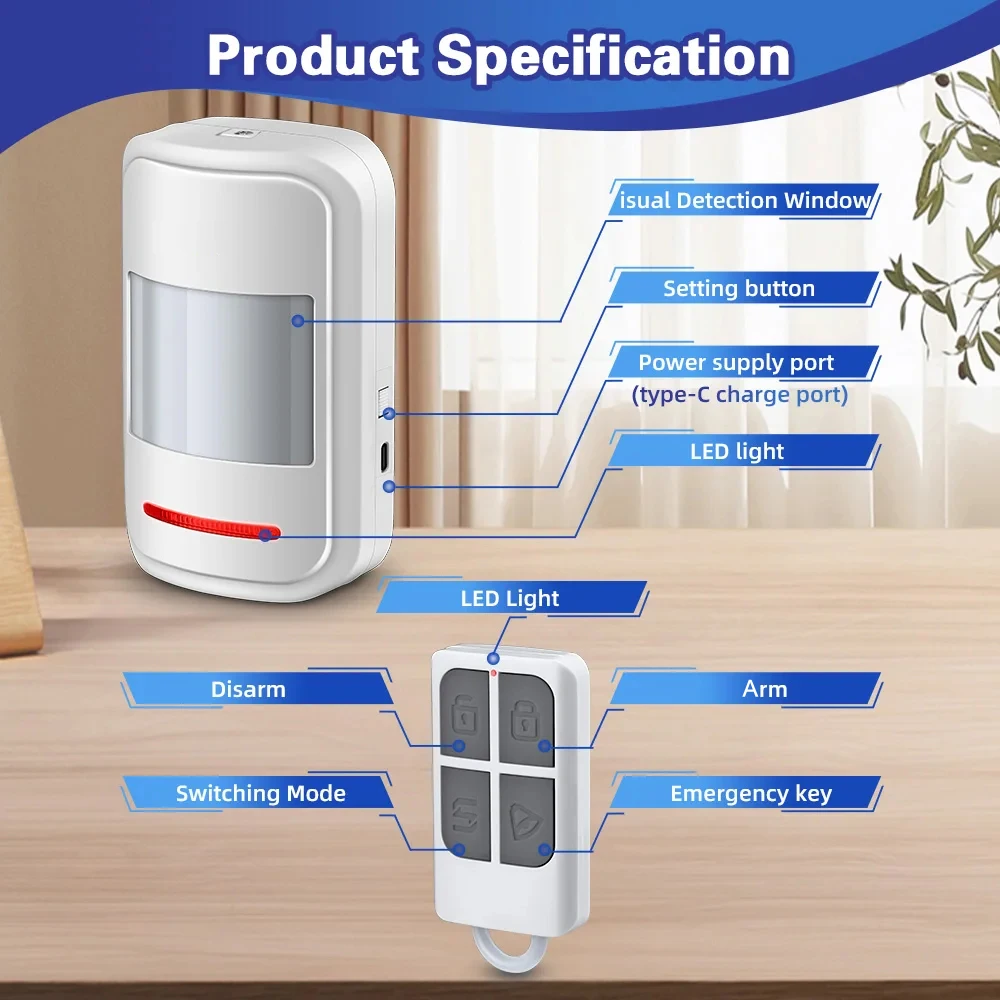 Infrared Detector Motion Sensor PIR Human Body Movement Alarm Welcome Security 2 Modes 120dB High Decibel 433MHz Remote Control