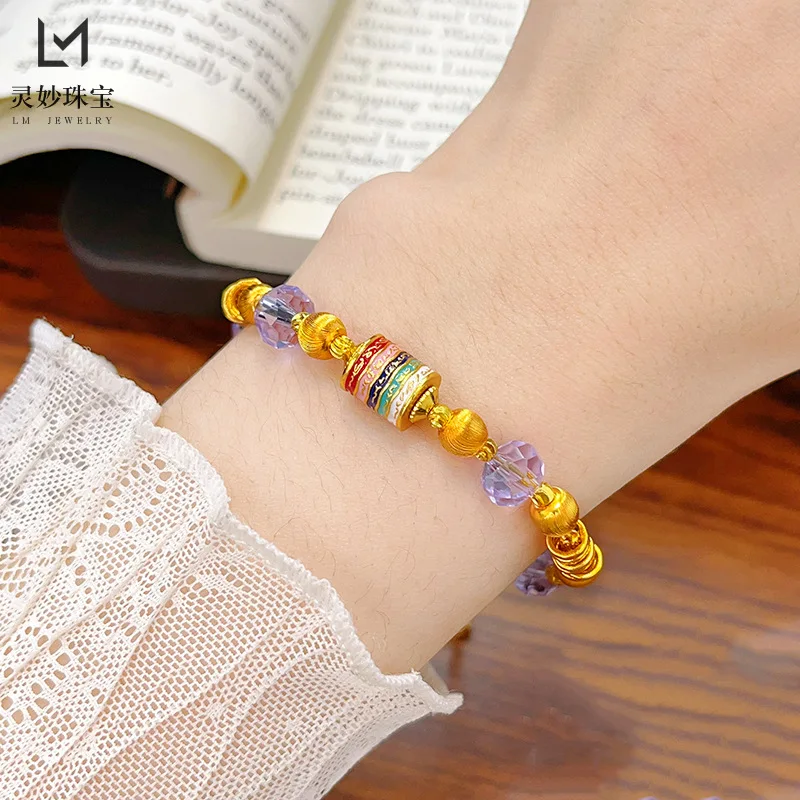 Butik z modą 9999 24-karatowe prawdziwe złoto emalia kolorowe koło modlitewne bransoletka z kotym oko bransoletka z fasetowanymi koralikami transportowymi