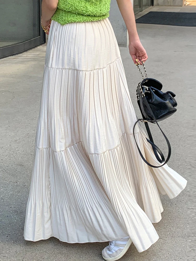 Primavera 2024 Donna Gentle Ele Vita alta A-Line Gonna lunga Pieghettato Design asimmetrico Fulln Coreano Sle Pendolarismo