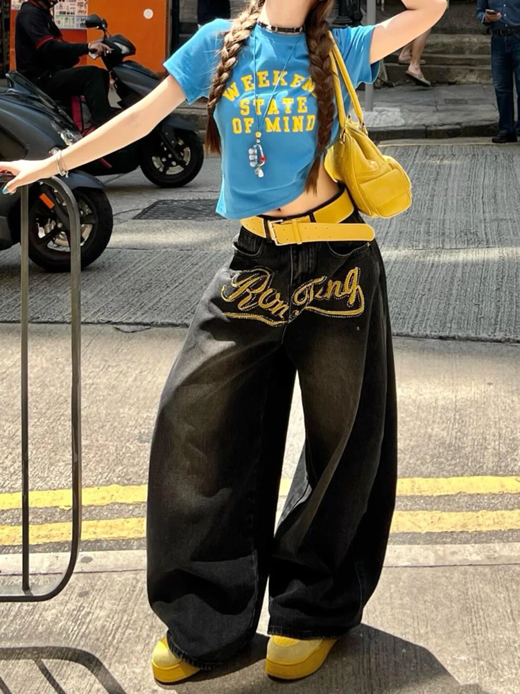 

Cool Glittery Letter Embellished High Waist Wide Leg Jeans Women's Summer Loose Slimming Floor Length Pants Knife Denim