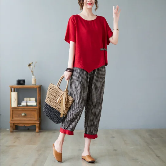 Summer Autumn Cotton 2pcs/set Women Loose T-shirt+Ankle-length Haren Pants 2023 Summer Vintage StyleTop+ Pant Suits