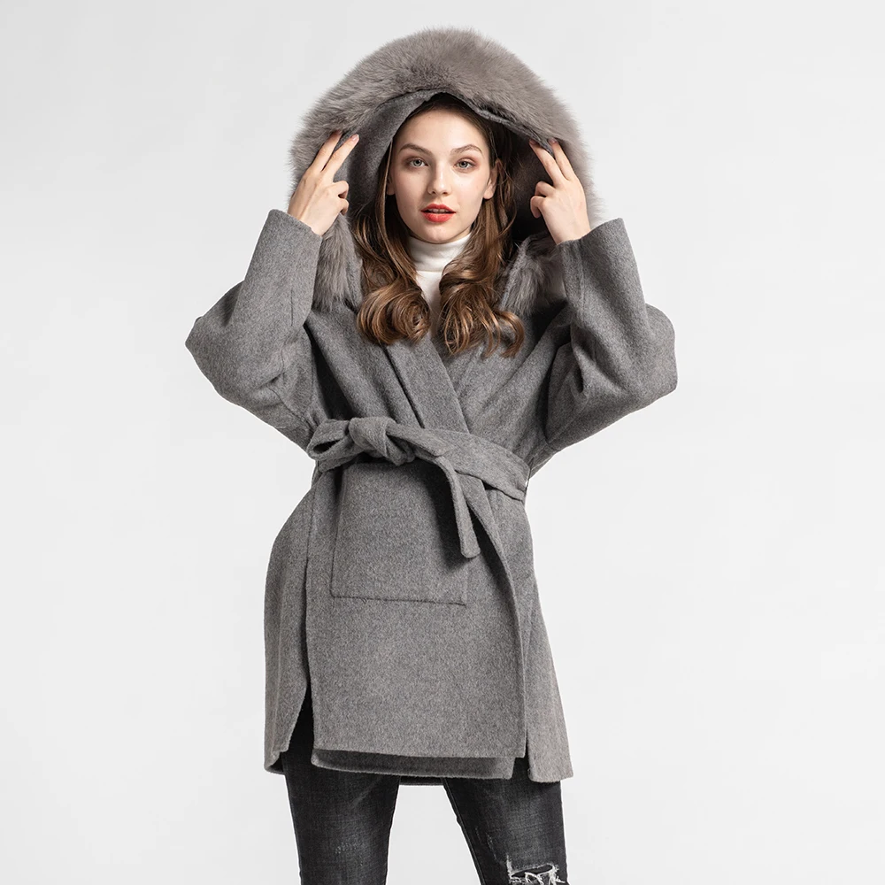 2024 Women Winter Real Wool Coats Fashion Fox Fur Collar Trench Coat With Hood Lady Fur Jackets Belt Fur Cuff