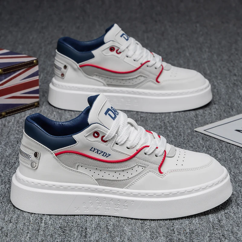 

2025 Summer New Men's White Thick Sole Casual Shoes | Fashion Red Blue Patchwork Comfortable Daily Non-Slip Sneakers for Men