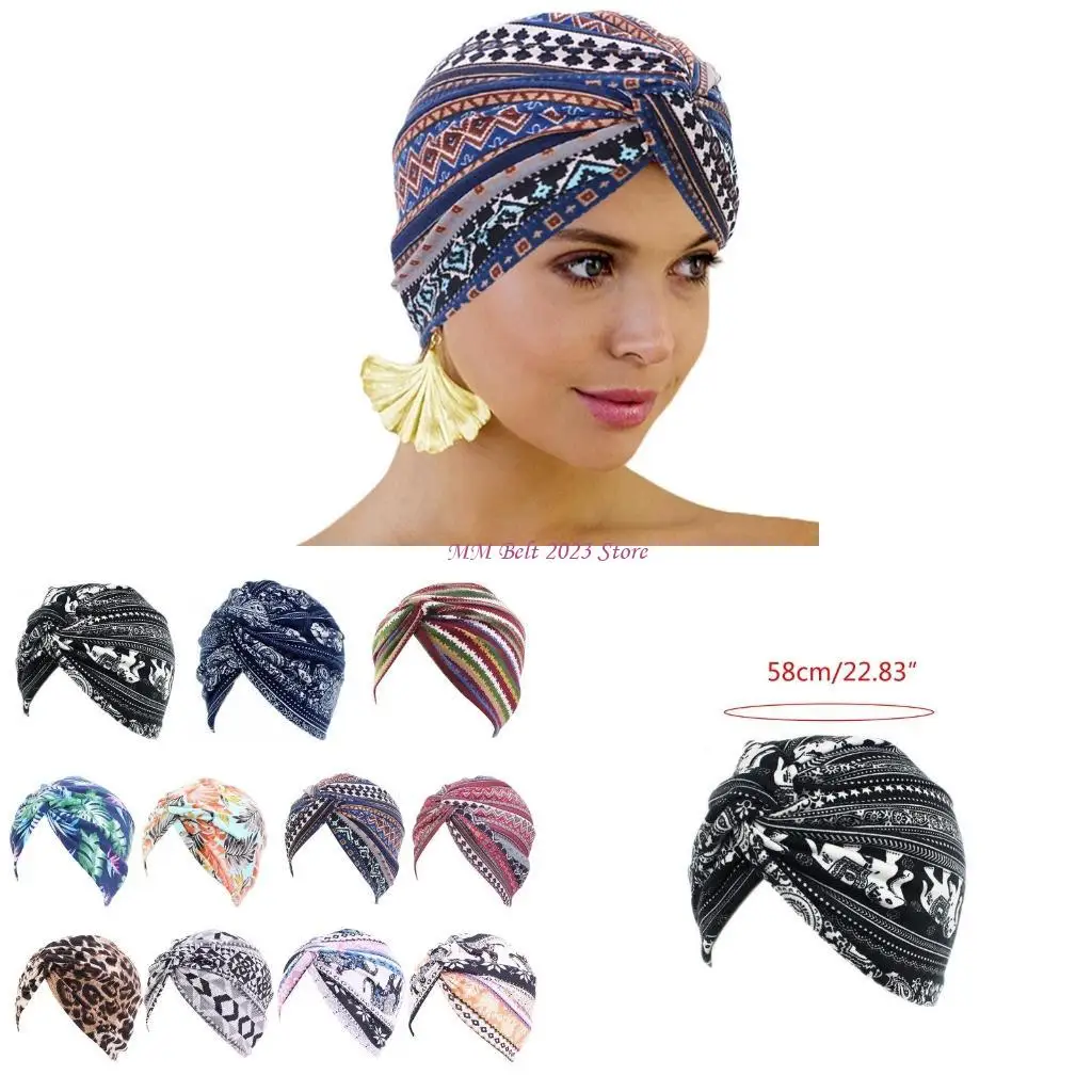 

49ME Женская шапка-тюрбан с этническим принтом, шапка-бини, эластичный витой головной убор с рюшами