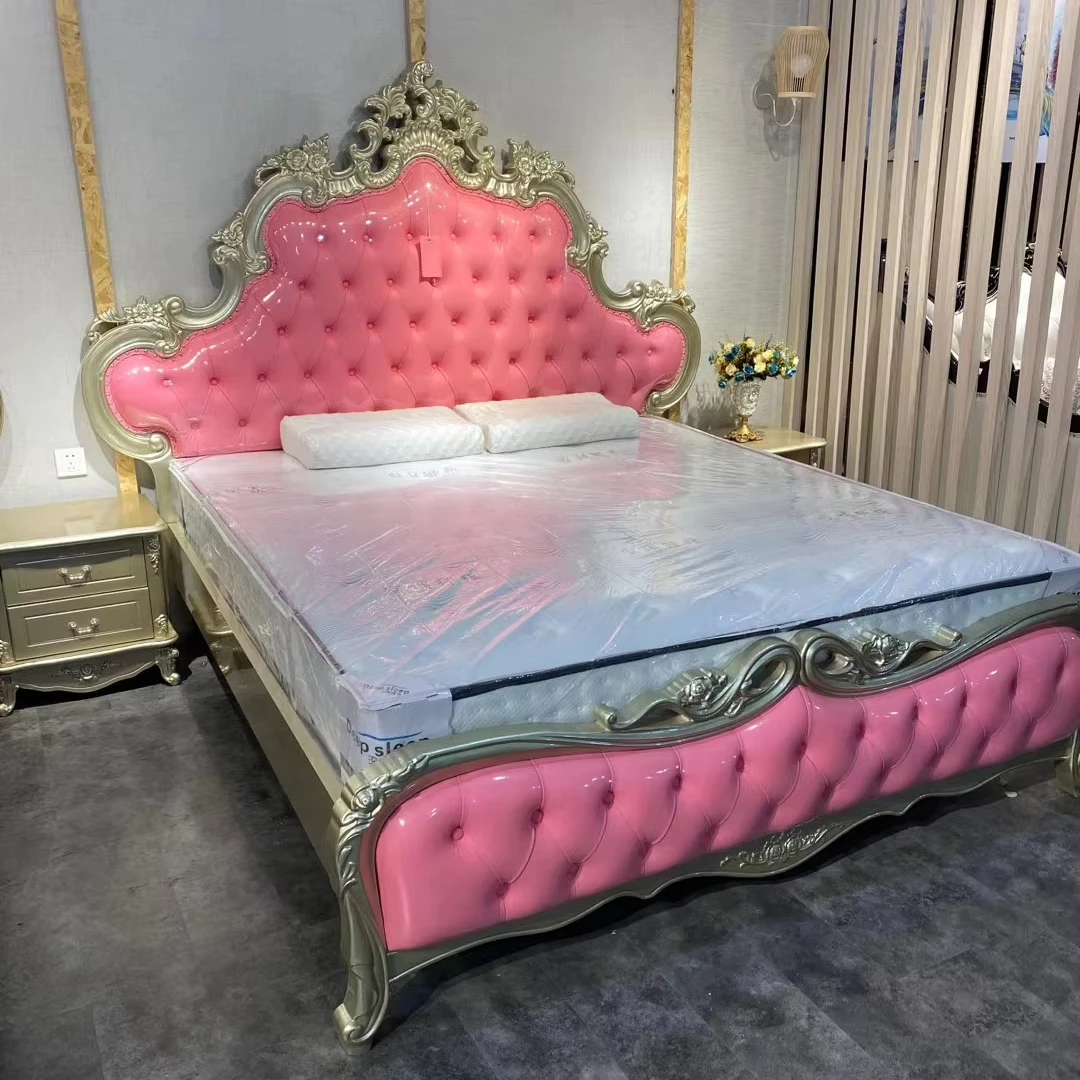 Maßgefertigtes Europäisches Luxus-Hochzeitsbett-Set Goldenes Kingsize-Bett mit Stauraum Doppelbett Villa-Schlafzimmermöbel aus Holz für den Heimgebrauch