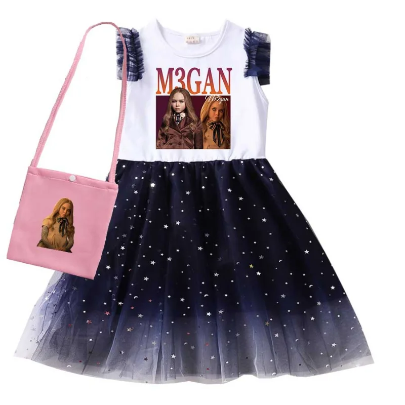 M3GAN Movie Inspired 3D Pattern Dress for Girls with Bag and Bow Hair Clip Cute Megan Outfit for Halloween Cosplay