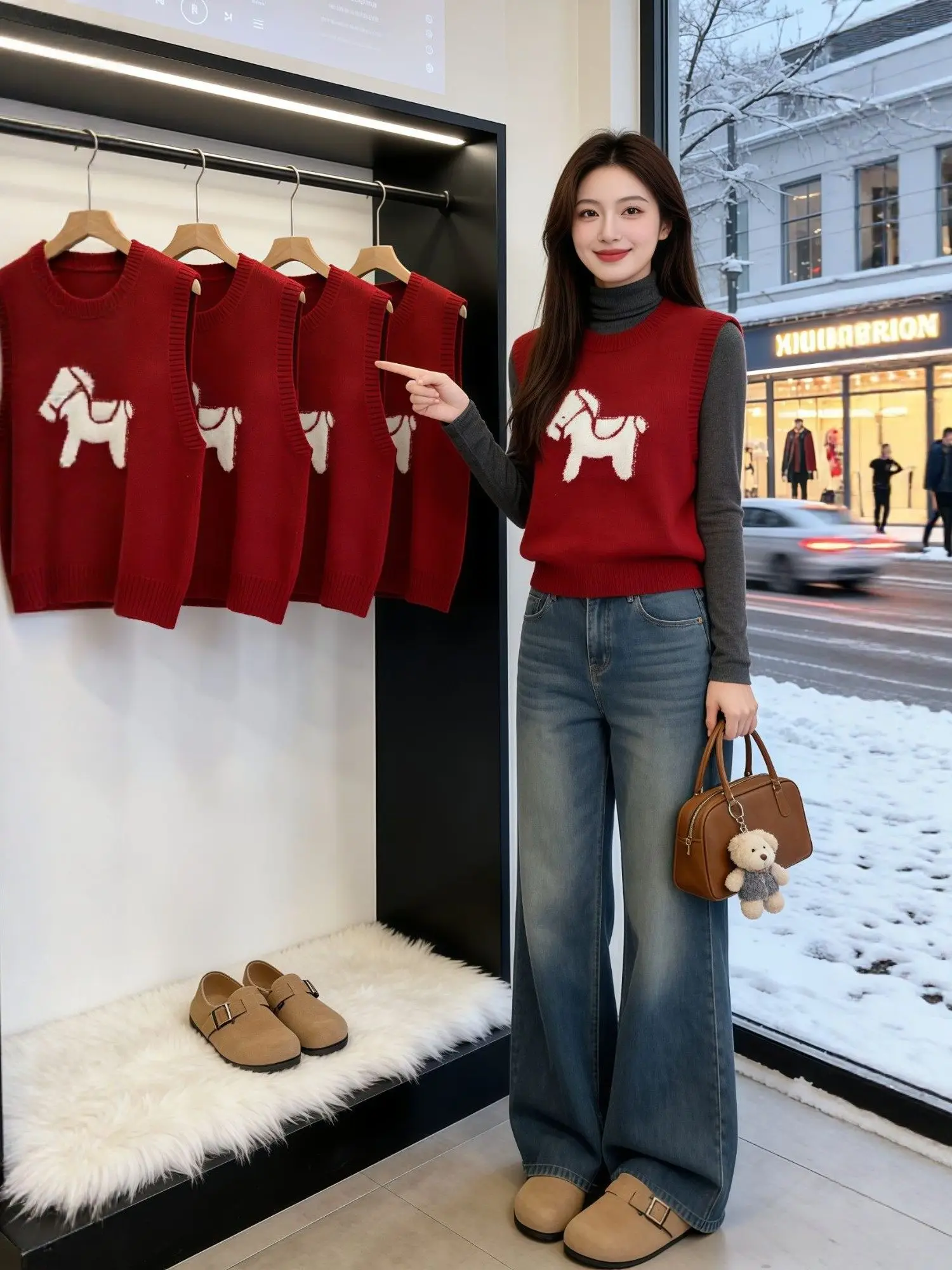 

Красный вязаный жилет для женщин, новинка к Новому году, с круглым вырезом, для многослойных образов, повседневная модная вязаная одежда, весенний сезон