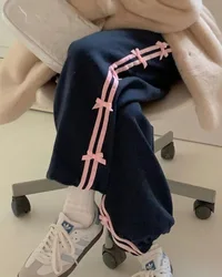 Winter 2024 Thickened Fleece Velvet Bowknot Warm Pants Girls Sporty Casual Trousers Long Pants Polyester Cotton Blend