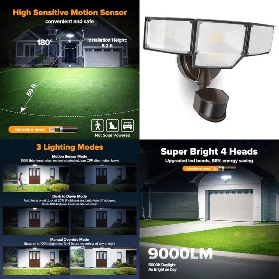 

80W 9000LM LED Security Lights Hardwire Motion Sensor Outdoor Lights, 4 Head LED Flood Light Outdoor 5000K Daylight, IP65 Water