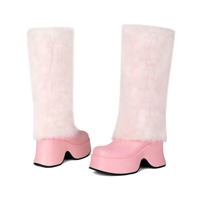 Bottes de neige chaudes à hauteur du genou pour femmes, rose, blanc, fausse fourrure, plate-forme, compensées, talons hauts, fourrure, designer, chaussures d'hiver