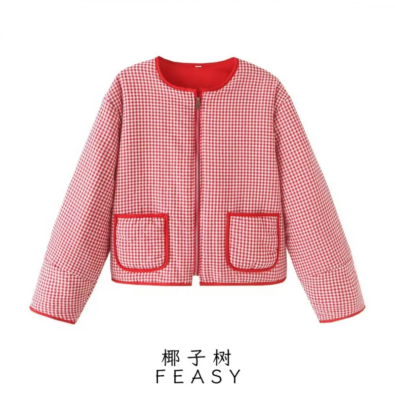 

European American Women's Clothing 2025 Hot-Selling Autumn and Winter New Street Fashion Plaid Color-Block Zipper Jacket