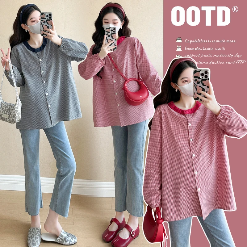 Lace O Neck Check Cotton Maternity Shirts 25ss Korean Fashion Oversize Loose Blouses for Pregnant Women CHIC Pregnancy Tops