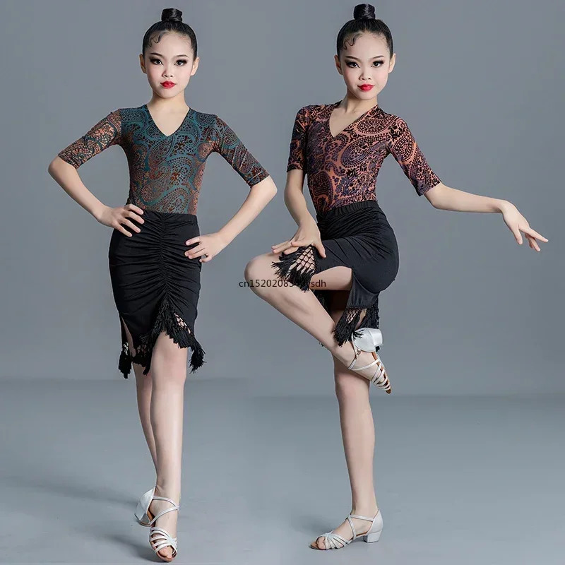 

New Children Latin Dance Clothes Girls Training Clothes Split Suit Competition Performance Wear