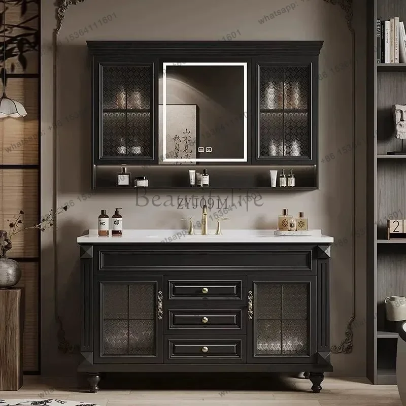 French retro bathroom cabinet combination American bathroom washstand Floor-to-ceiling rock slab wash basin cabinet
