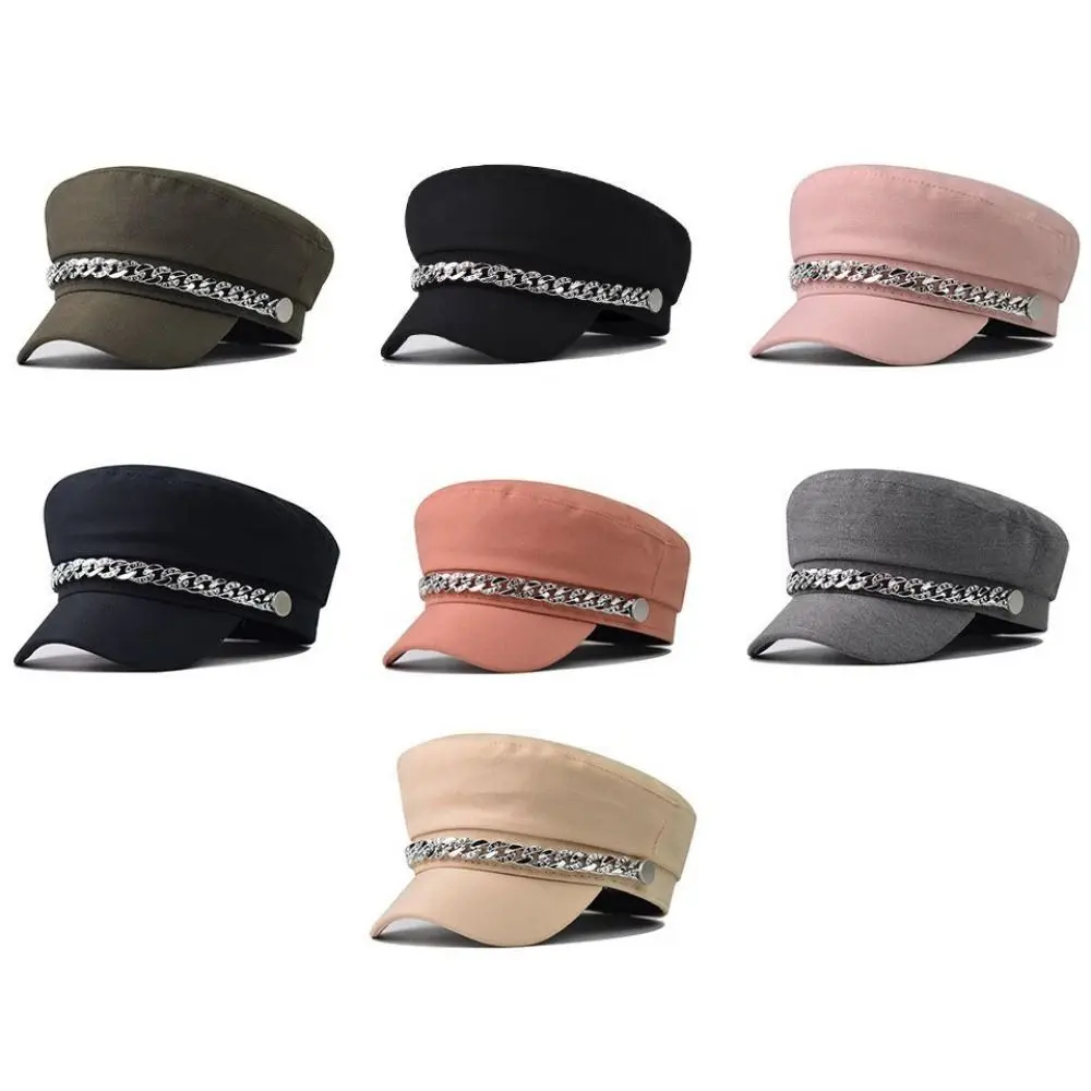 Vintage Rhinestone Chain Decor Newsboy Cap Vintage Twill Fabric Flat Top Beret Hat Short Brim Baker Boy Hat For Women