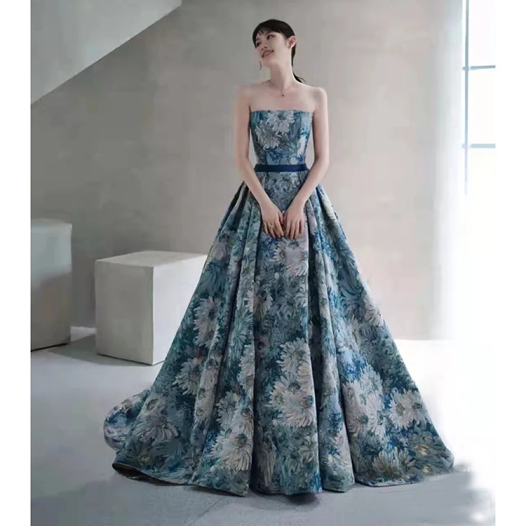 Elegant Flower Evening Dress For Women Blue Green Strapless A-line Pleat Detachable Sleeve Belt Banquet Party Formal Prom Gowns