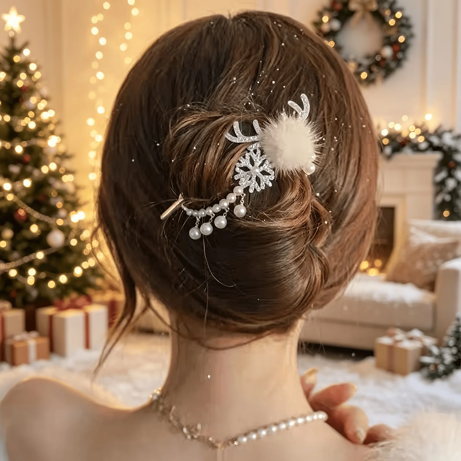 2PCS Christmas Hair Clips with Pom-Poms, Rhinestones, Antlers, and Snowflakes, for Women's Back of Head Updos, Perfect for Chris