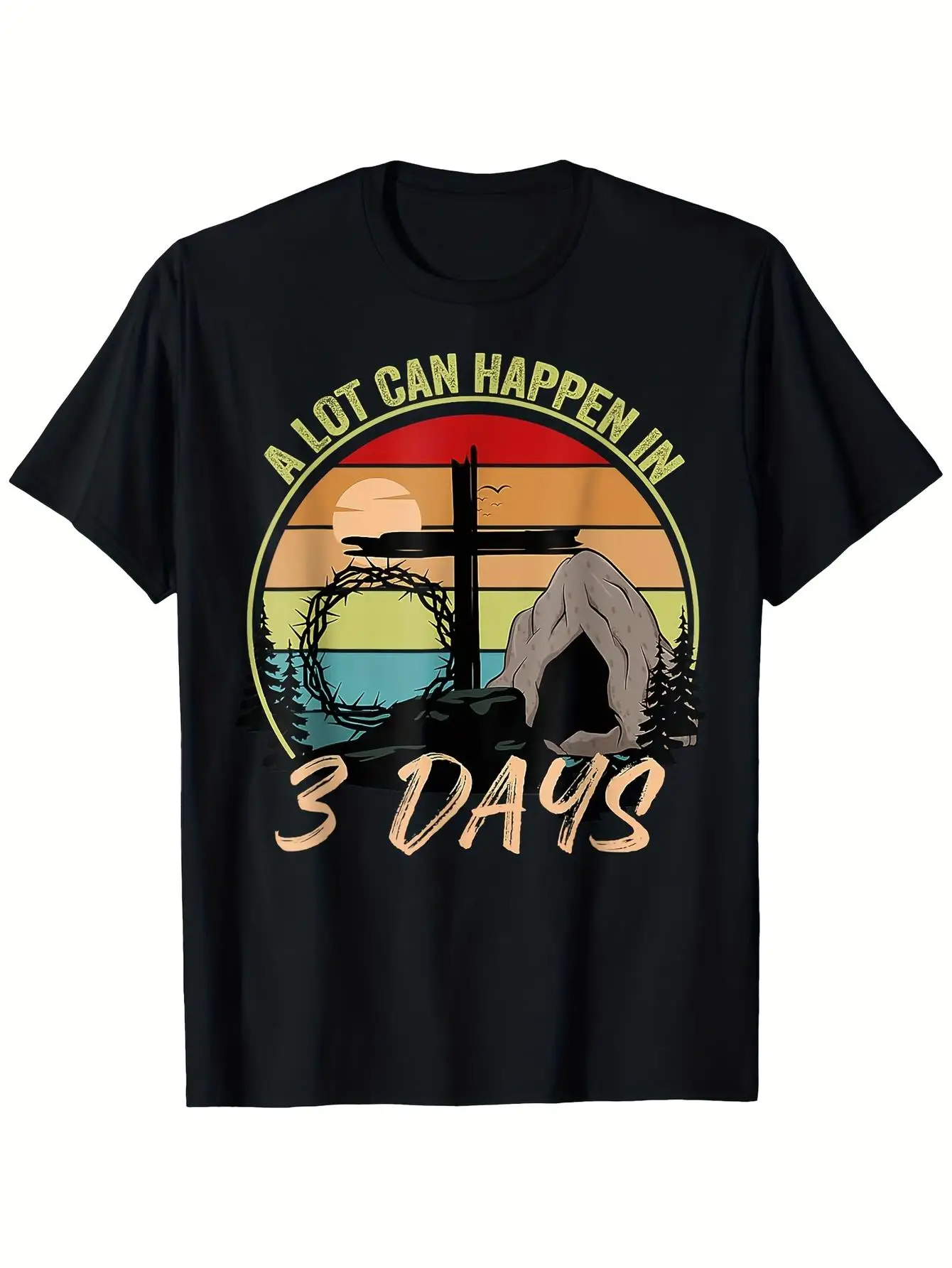 تي شيرت كريستيان عيد الفصح للرجال ريترو "أشياء كثيرة يمكن أن تحدث في 3 أيام" تصميم قيامة يسوع مع الصليب والقبر الفارغ #1
