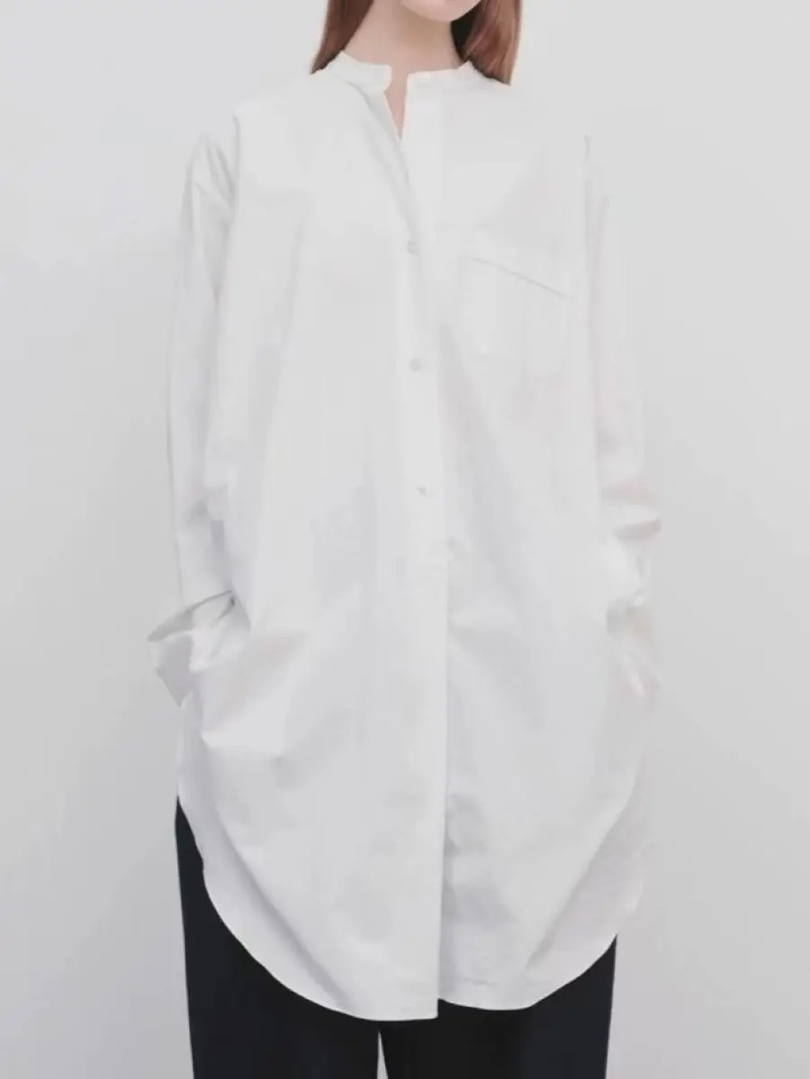 

Women Loose Long Blouse Stand Collar Single Breasted Solid Color Casual White Cotton Shirt