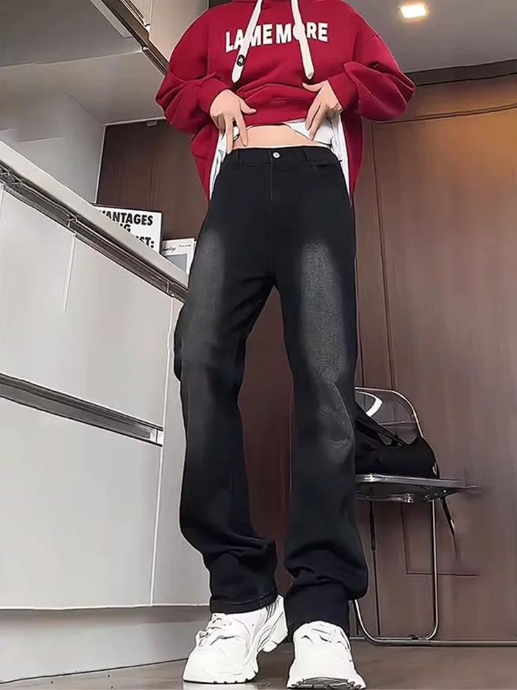 

Мужские джинсы-капри с высокой талией, прямые, зауженные, на подкладке, осенне-зимние, стройнящие фигуру