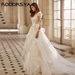 RODDRSYA Charming A-line Wedding Dresses Long Sleeve Tiered Tulle Bride Gowns Applique Lace Scoop vestidos de novia Customized