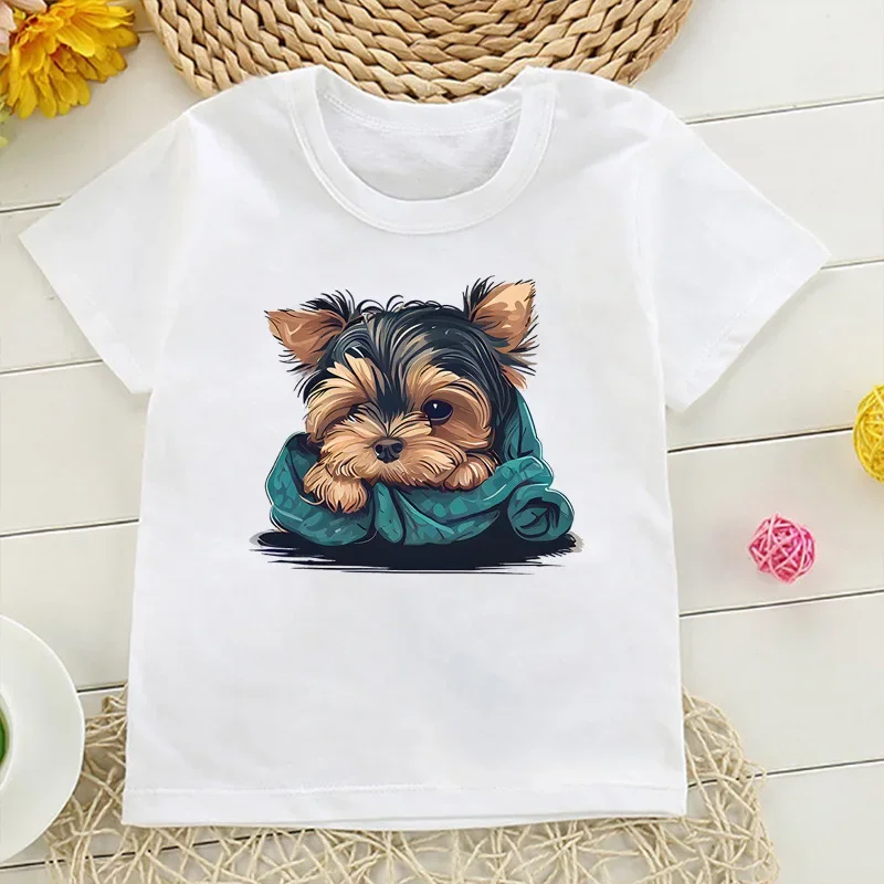 Teddy Pet Dog Family Round Collar Printed White T-shirt Short Sleeve Children Clothes  Boys Clothes