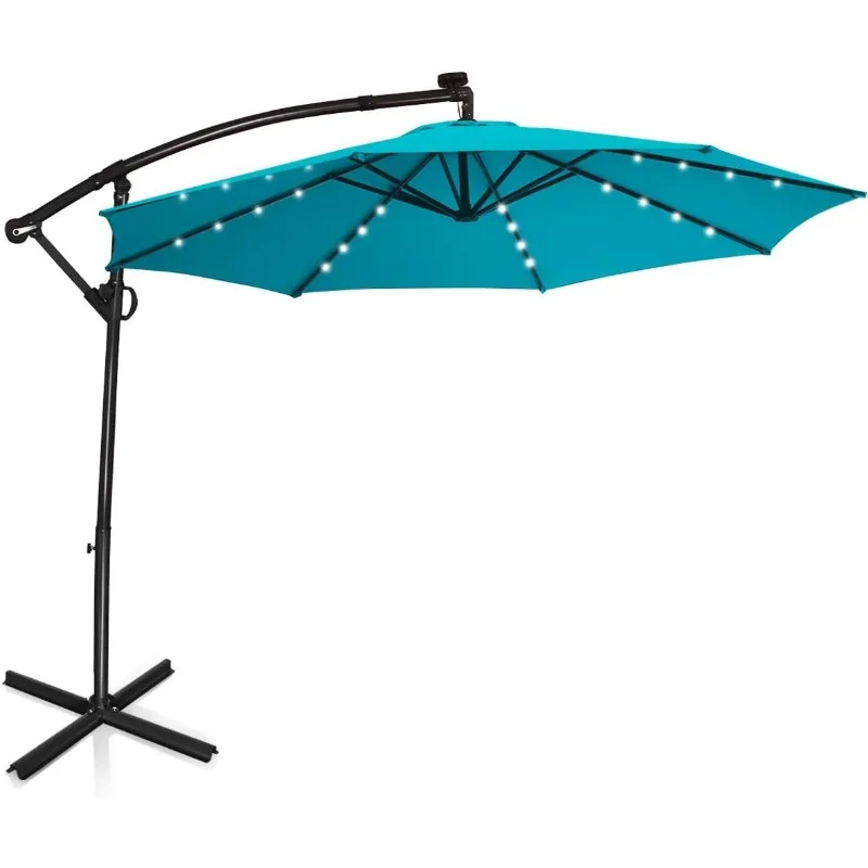 Tangkula 10FT Patio Offset Umbrella with 360 Degree Rotation, Solar Powered LED  with Crank Handle&Cross Base,  Aluminum Pole