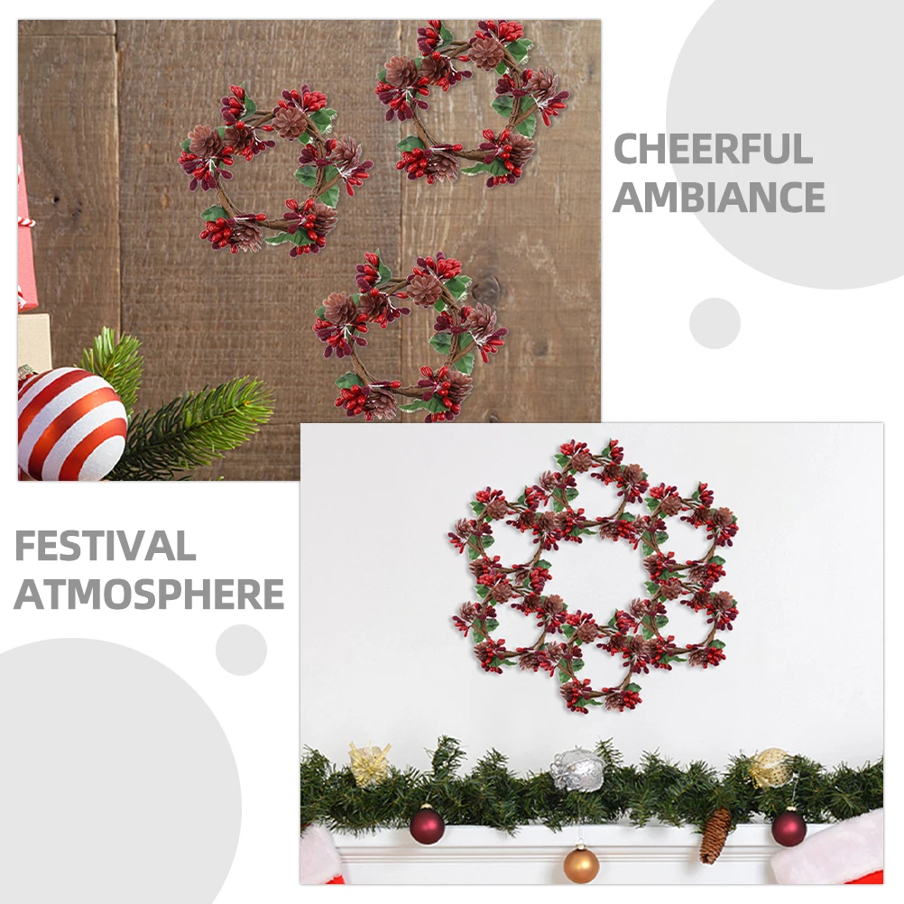 

4 Pcs Artificial Ring Pine Cone Decor Garland with Berries Mini Wreaths for Candles Cones Branches Plastic Decorations