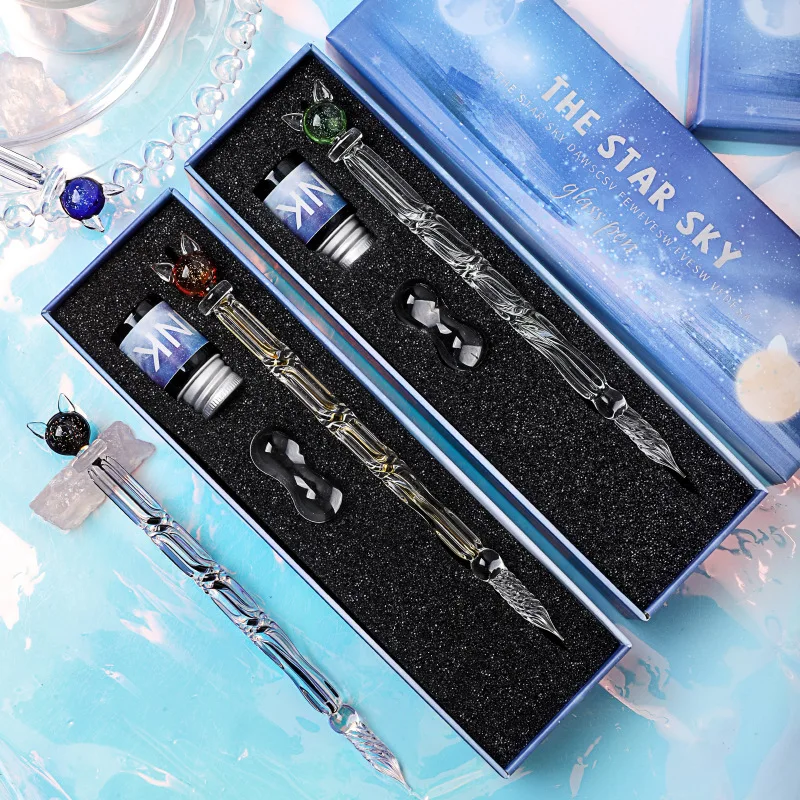 Manufacturer Starry Sky Cat Glass Pen Gradual Change Color Gift Box Set Dipping Pen Business Gift Student Girl