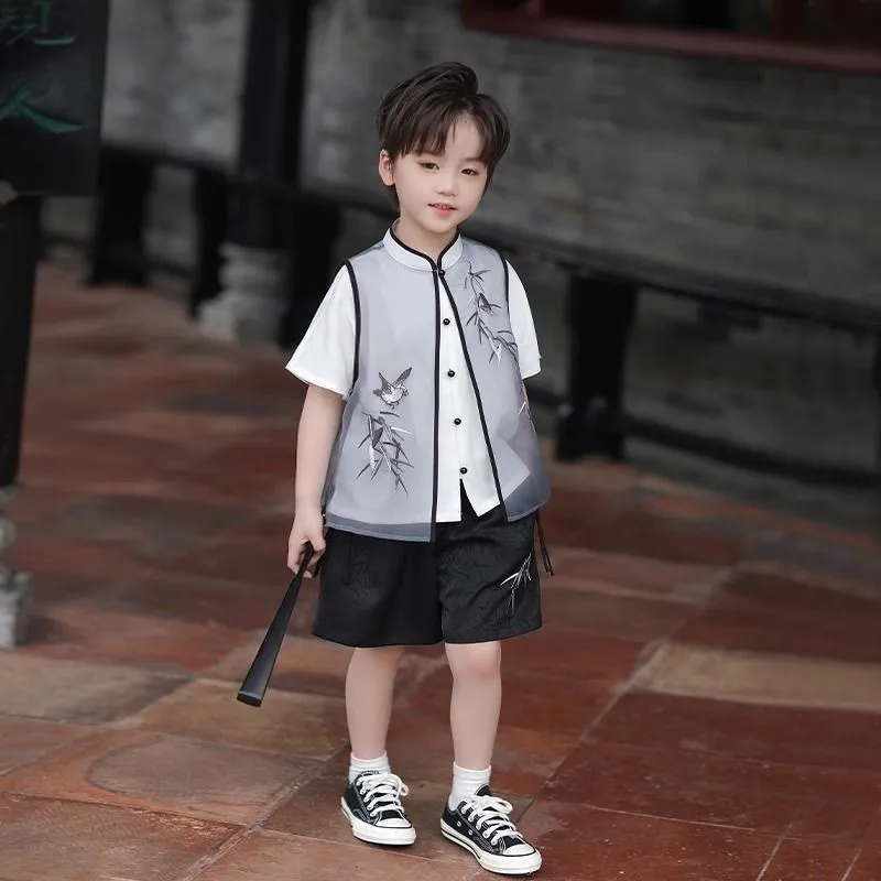 2026 New Boys' Summer Chinese Ancient Hanfu Set Children's Tang Costume Ancient Children's Short Top Pants 2-Piece Set LJ713