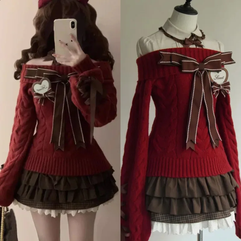 

Vintage Bow Knit Y2K Sweater Top Women Sweet Off-Shoulder Pullover Pink Red Knitwear Cute Autumn Winter Outfit Set Soft Top New